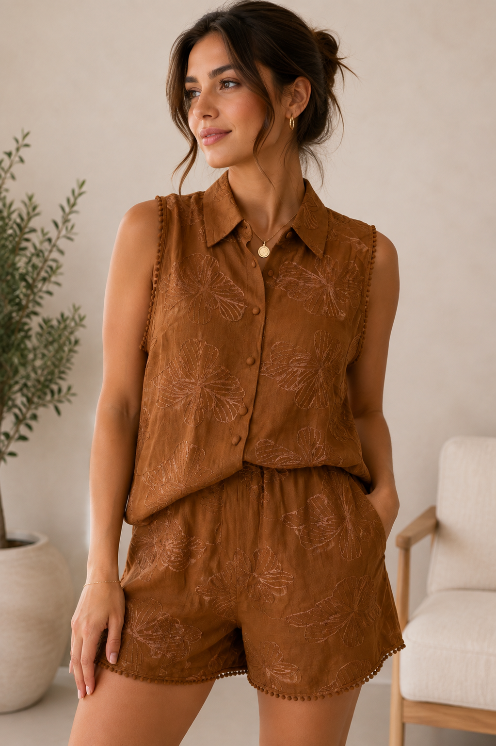 2-Piece Embroidered Linen Set for Women - Sleeveless Shirt & Shorts Co-ord Set