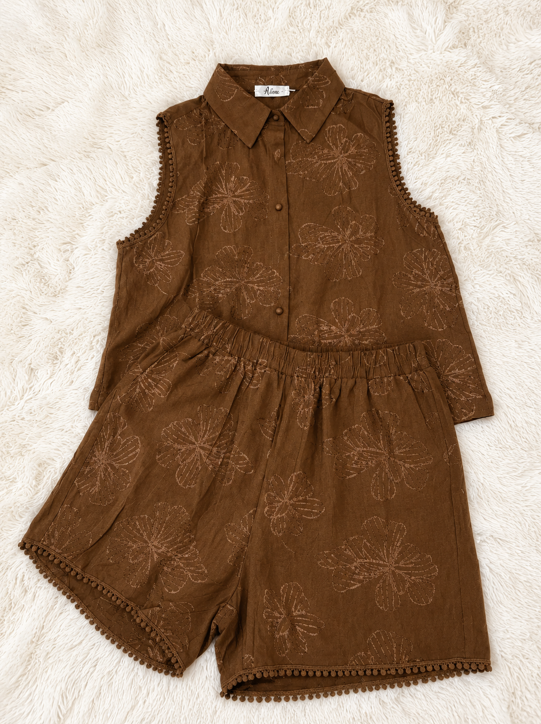 2-Piece Embroidered Linen Set for Women - Sleeveless Shirt & Shorts Co-ord Set