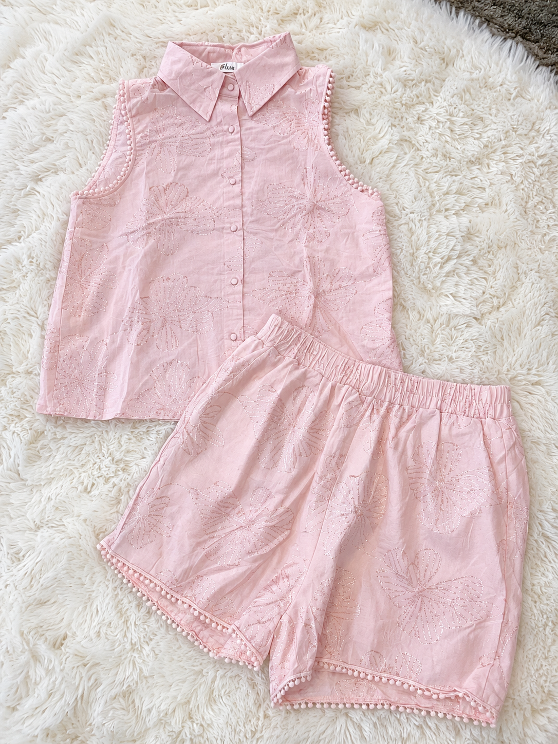 2-Piece Embroidered Linen Set for Women - Sleeveless Shirt & Shorts Co-ord Set