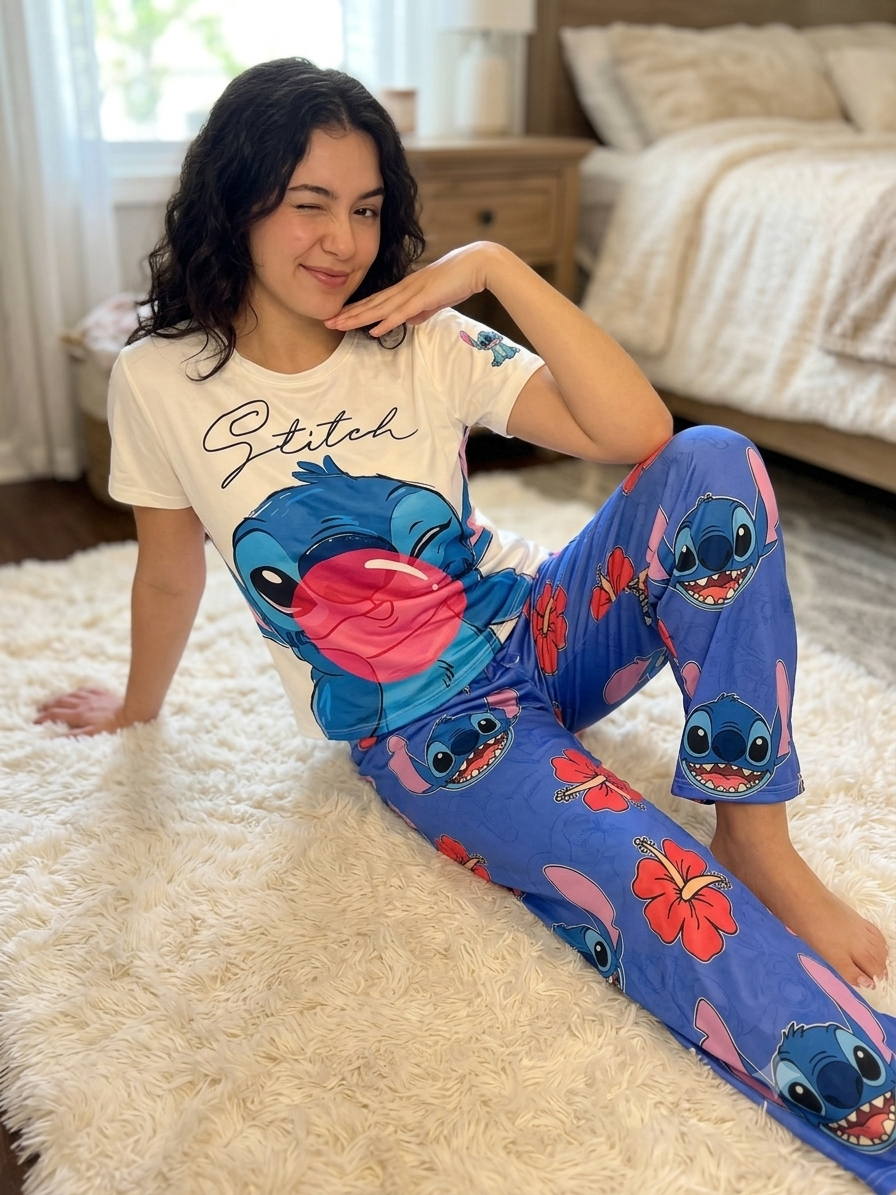 Stitch Pajama trio for Women - T-Shirt & Pants Loungewear | One Size (Fits M, L, XL)
