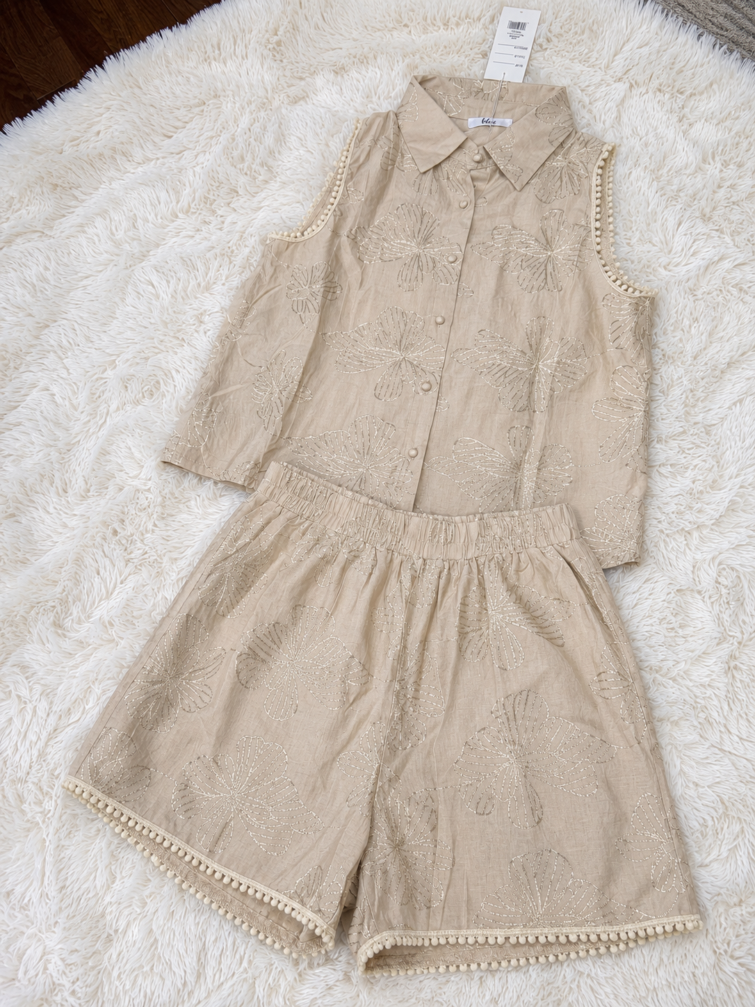 2-Piece Embroidered Linen Set for Women - Sleeveless Shirt & Shorts Co-ord Set