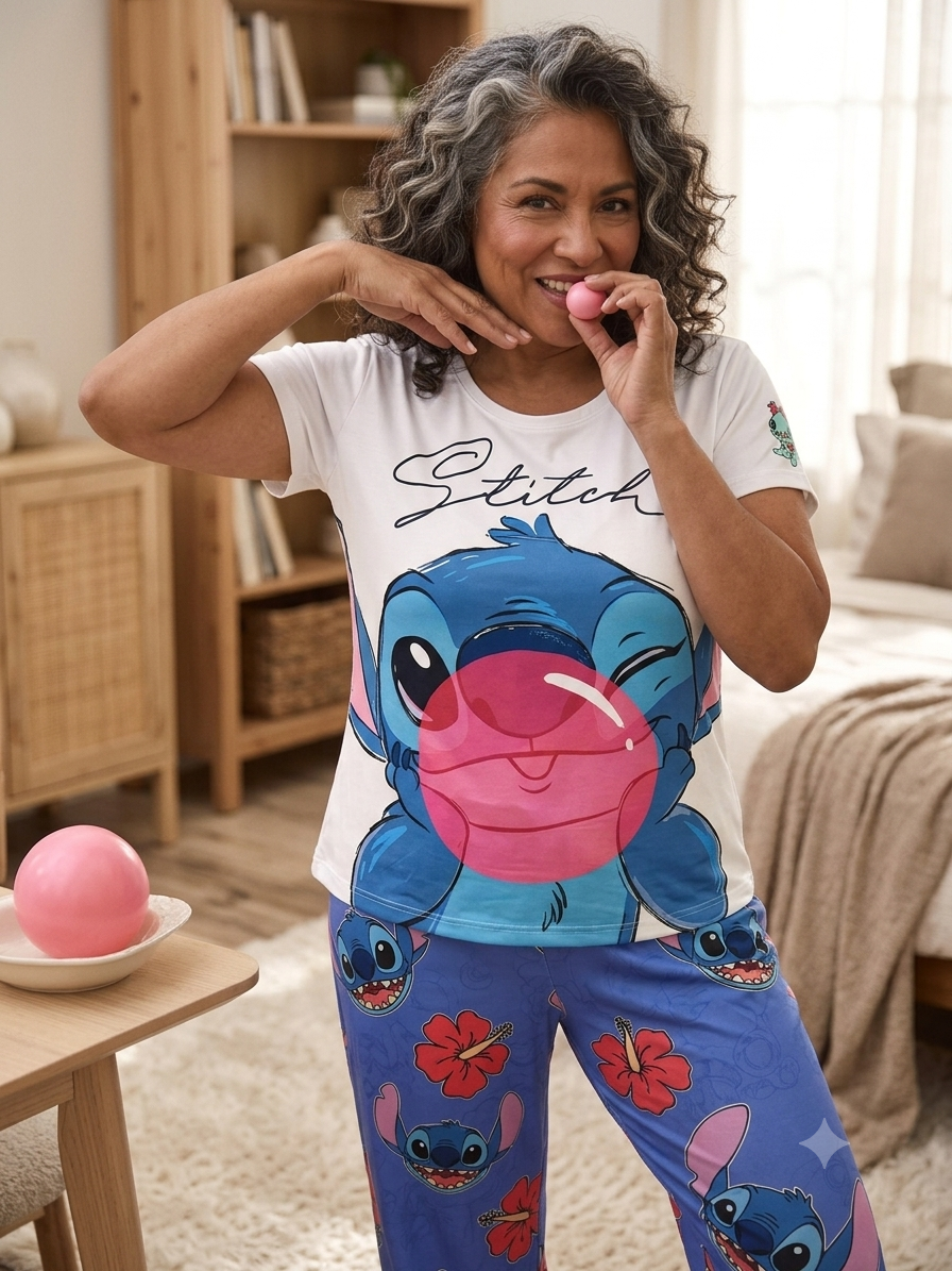 Stitch Pajama trio for Women - T-Shirt & Pants Loungewear | One Size (Fits M, L, XL)