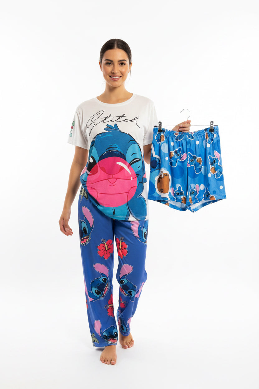 Stitch Pajama trio for Women - T-Shirt & Pants Loungewear | One Size (Fits M, L, XL)