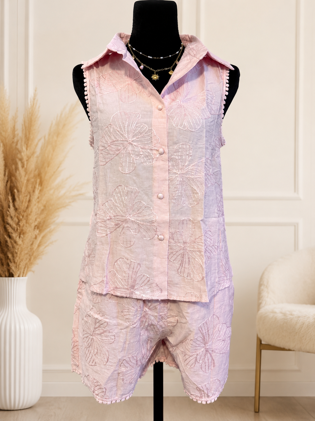 2-Piece Embroidered Linen Set for Women - Sleeveless Shirt & Shorts Co-ord Set