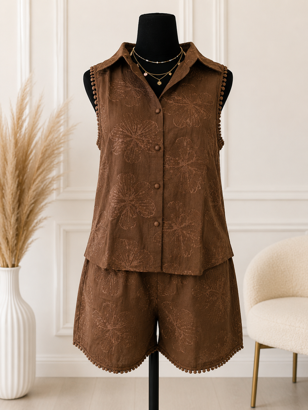 2-Piece Embroidered Linen Set for Women - Sleeveless Shirt & Shorts Co-ord Set