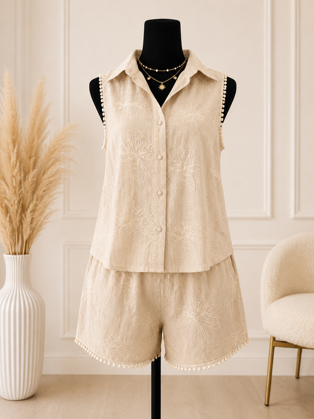 2-Piece Embroidered Linen Set for Women - Sleeveless Shirt & Shorts Co-ord Set