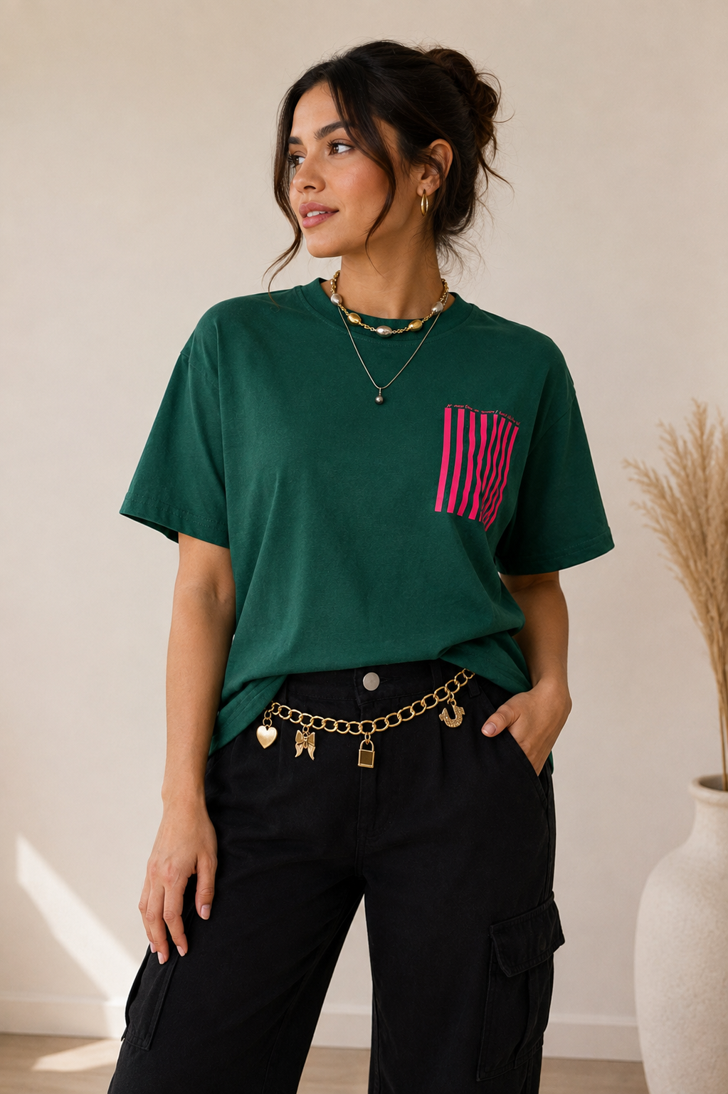 Pink Stripes Graphic Tee – Green