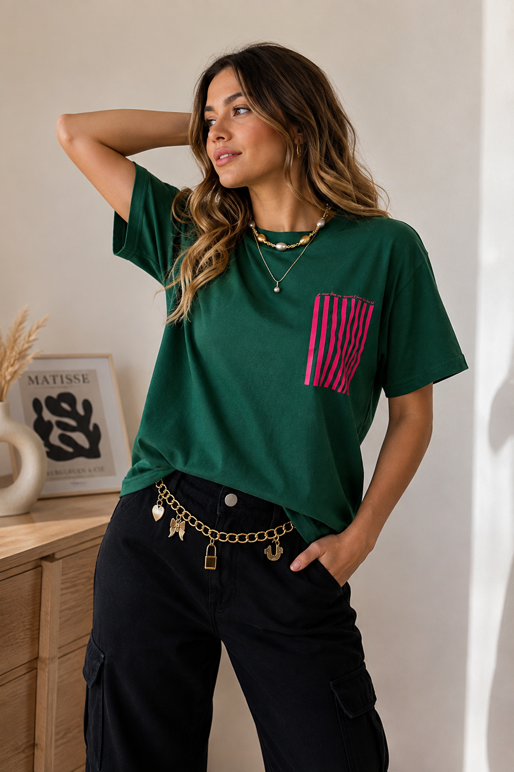 Pink Stripes Graphic Tee – Green