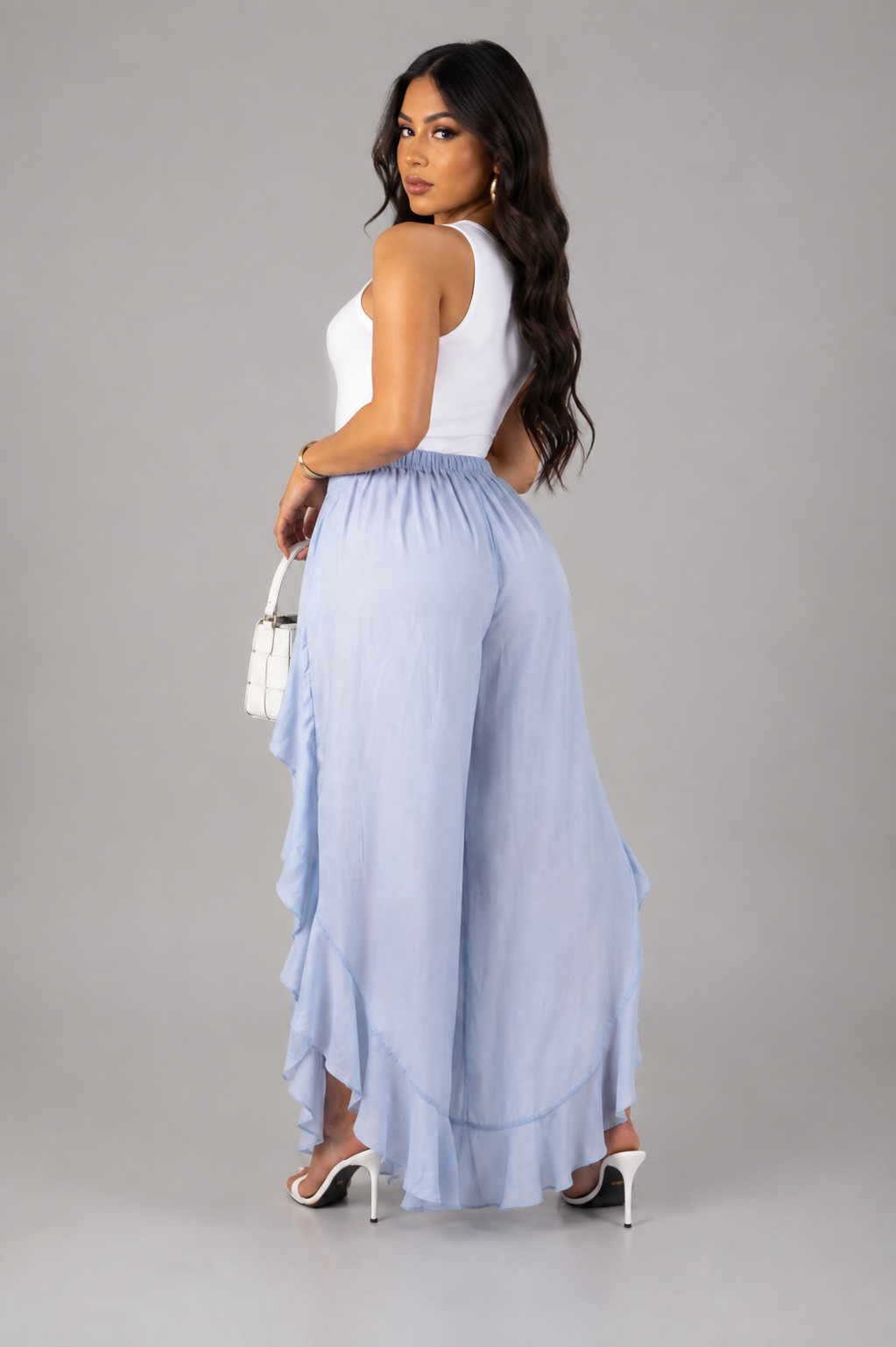 Blue Ruffle Wide-Leg Pants