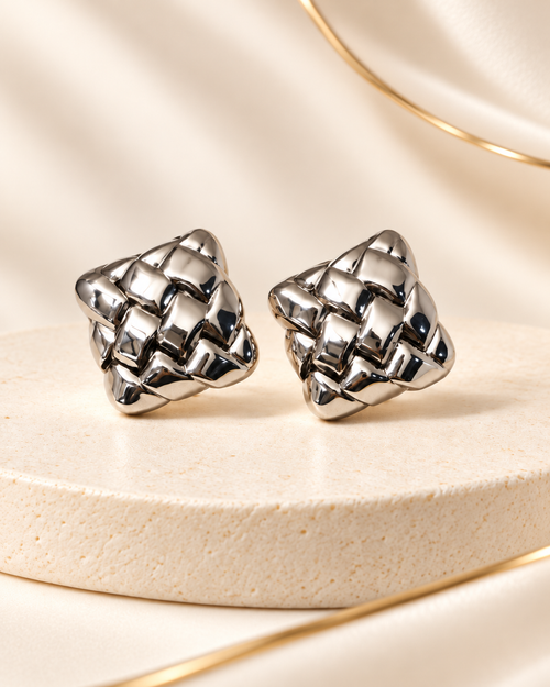 Silver sculptural woven square stud earrings from JIAD, alternate view