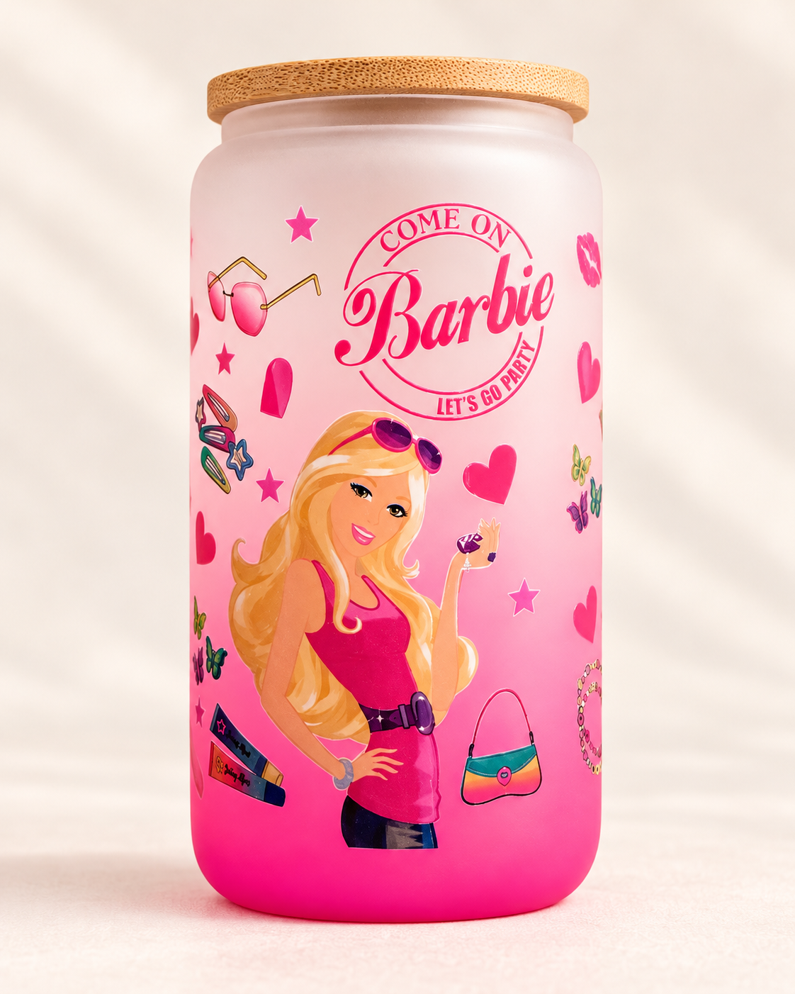 Barbie-inspired pink ombré frosted glass jar with bamboo-style lid - view 1