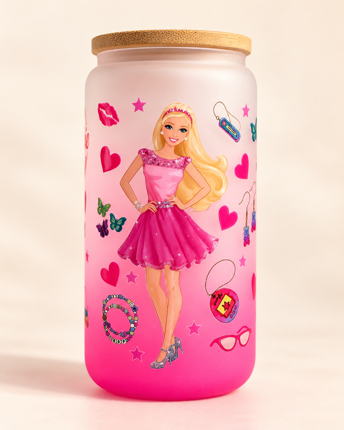 Barbie-inspired pink ombré frosted glass jar with bamboo-style lid - view 2