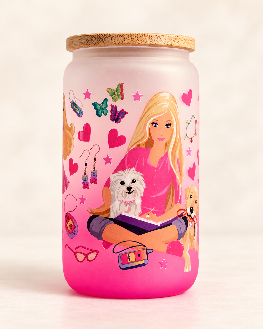Barbie-inspired pink ombré frosted glass jar with bamboo-style lid - view 3