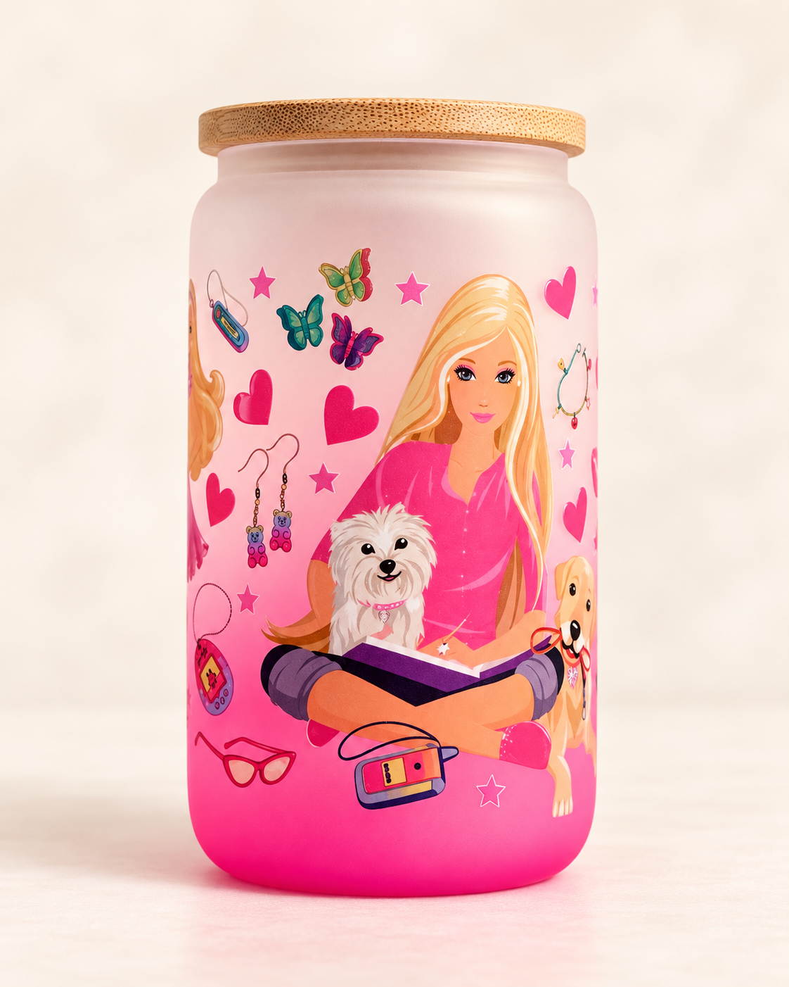 Barbie-inspired pink ombré frosted glass jar with bamboo-style lid - view 3