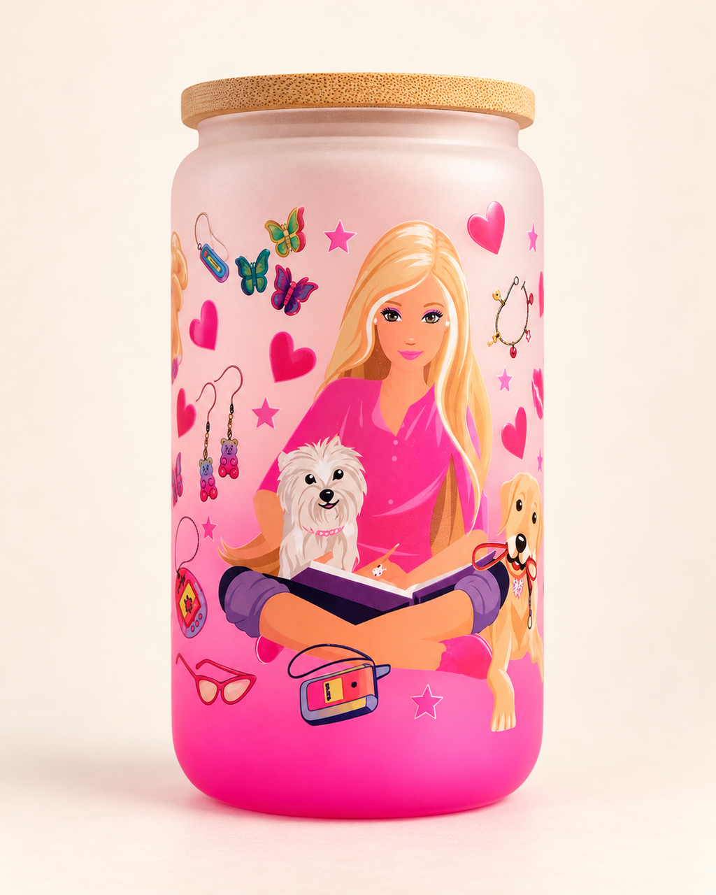 Barbie-inspired pink ombré frosted glass jar with bamboo-style lid - view 4