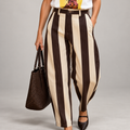 Women's brown and beige vertical striped high-waisted pants with pockets