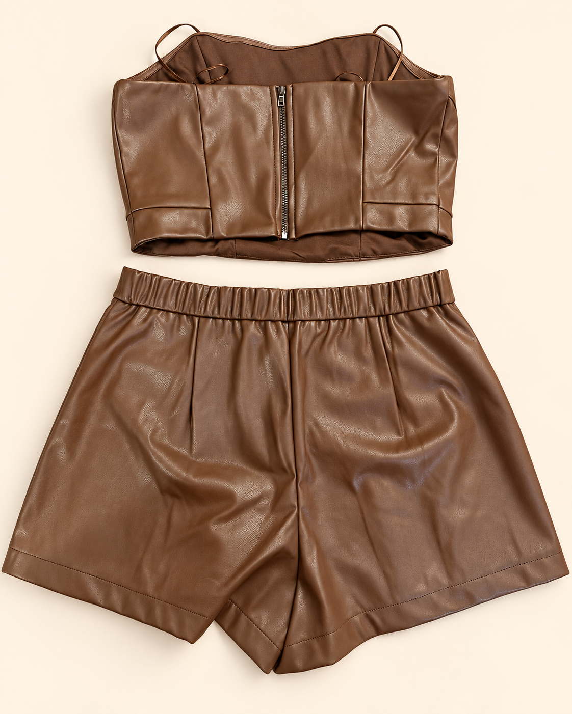 Chocolate faux leather corset and shorts set - detail 1