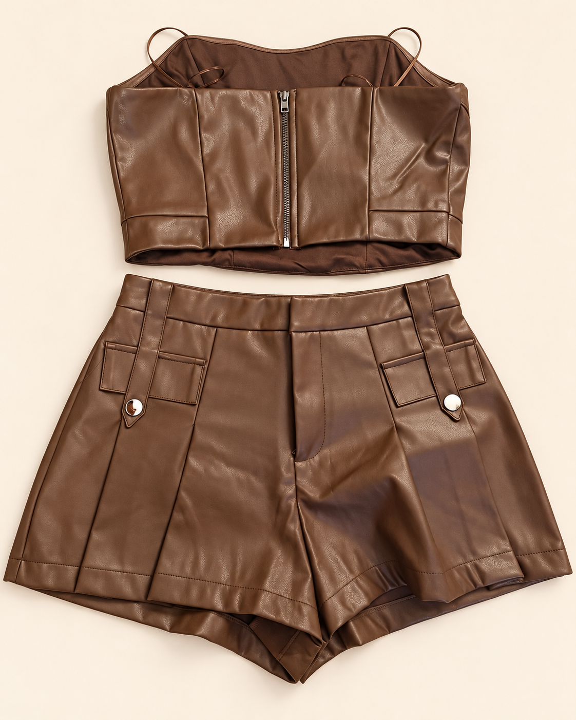 Chocolate faux leather corset and shorts set - detail 2