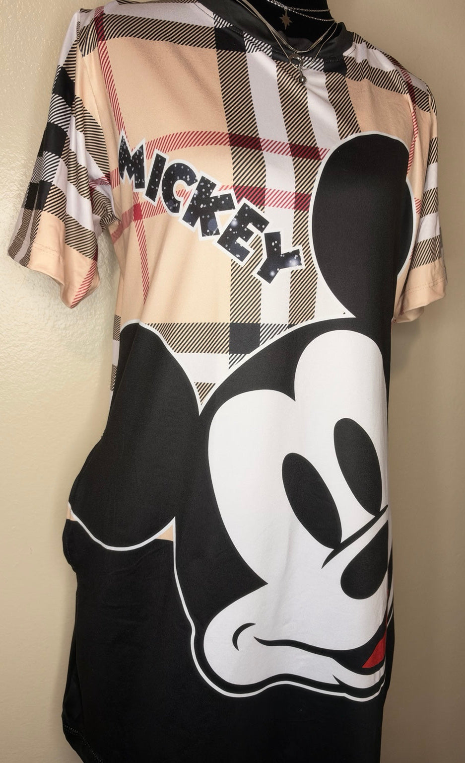Women's short sleeve graphic T-shirt dress - Mickey Plaid Print
