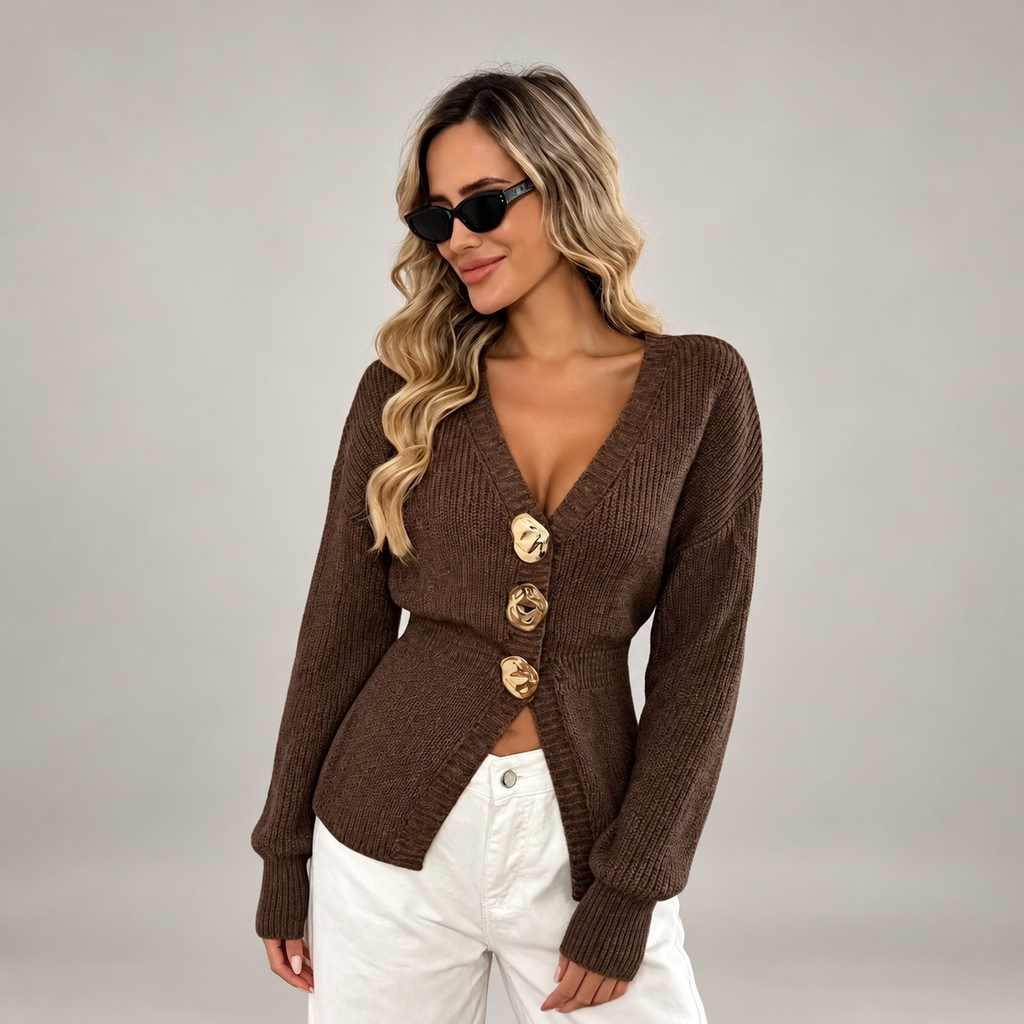 Chocolate brown knit cardigan with gold-tone buttons, front view