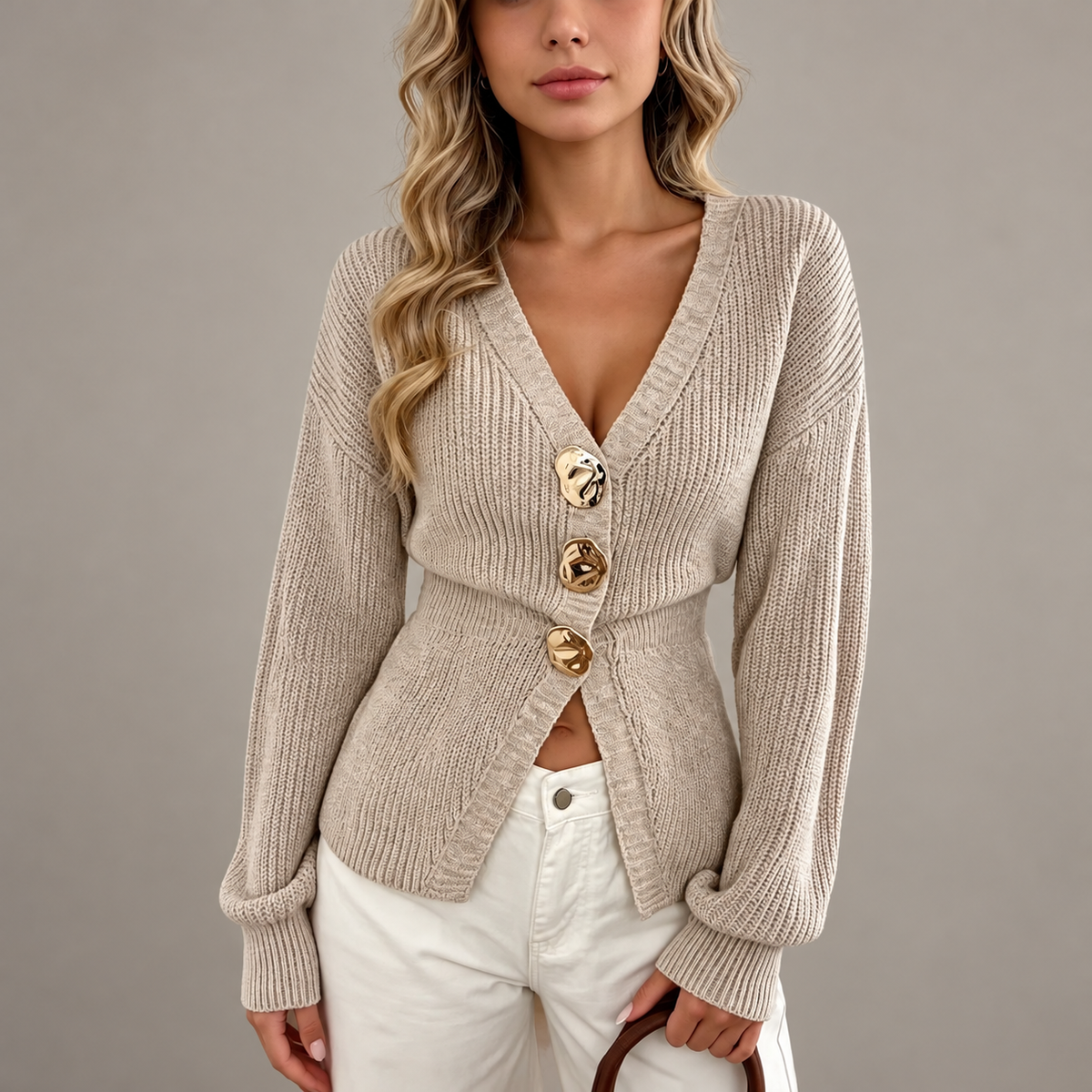 Beige knit cardigan with gold-tone buttons, front view