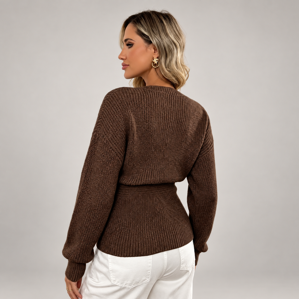 Chocolate brown fitted-waist knit cardigan, back view