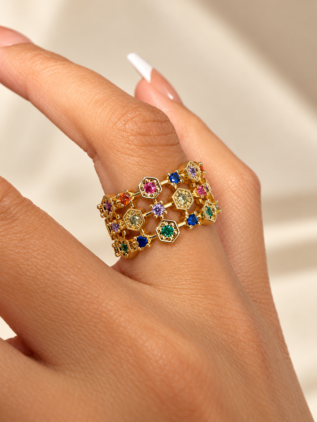 Multicolor gold plated openwork statement ring - product photo 2