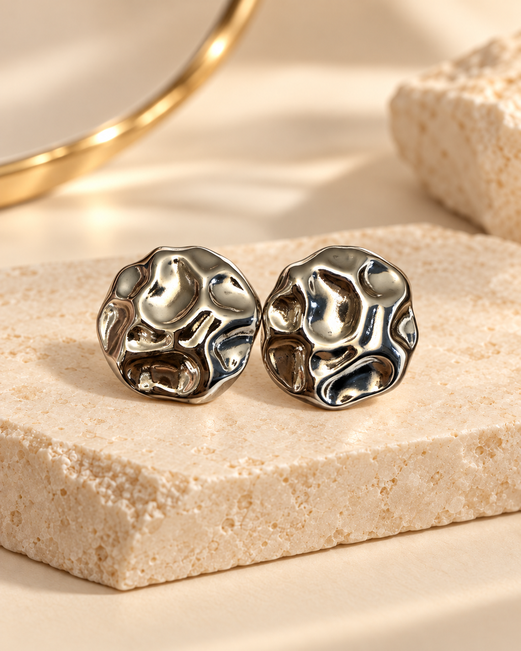 Silver organic textured round earrings product photo