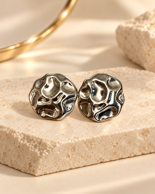 Silver organic textured round earrings product photo