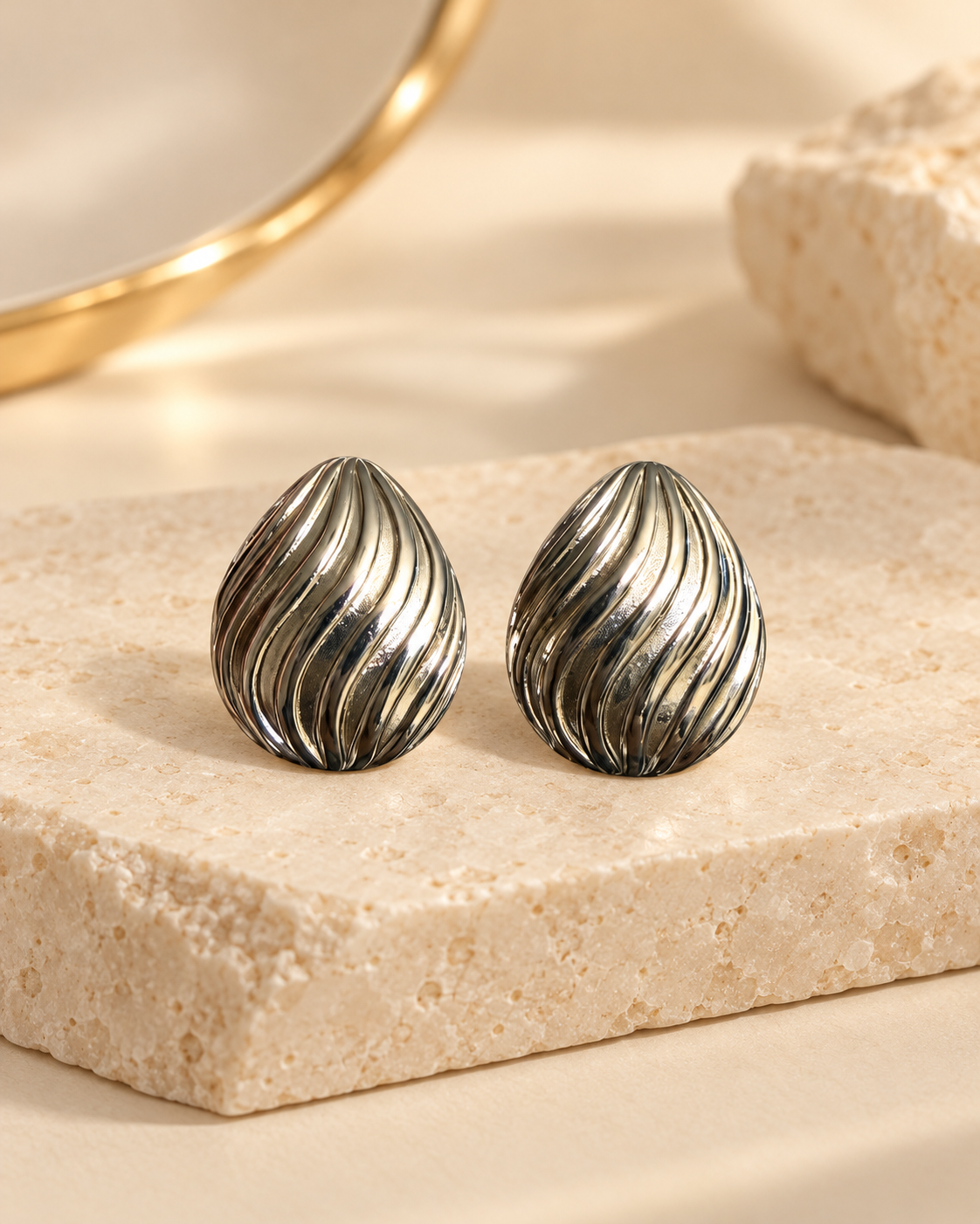 Silver stainless steel ribbed teardrop earrings product view